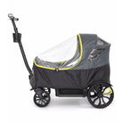 Black and gray stroller with a clear rain cover on a white background