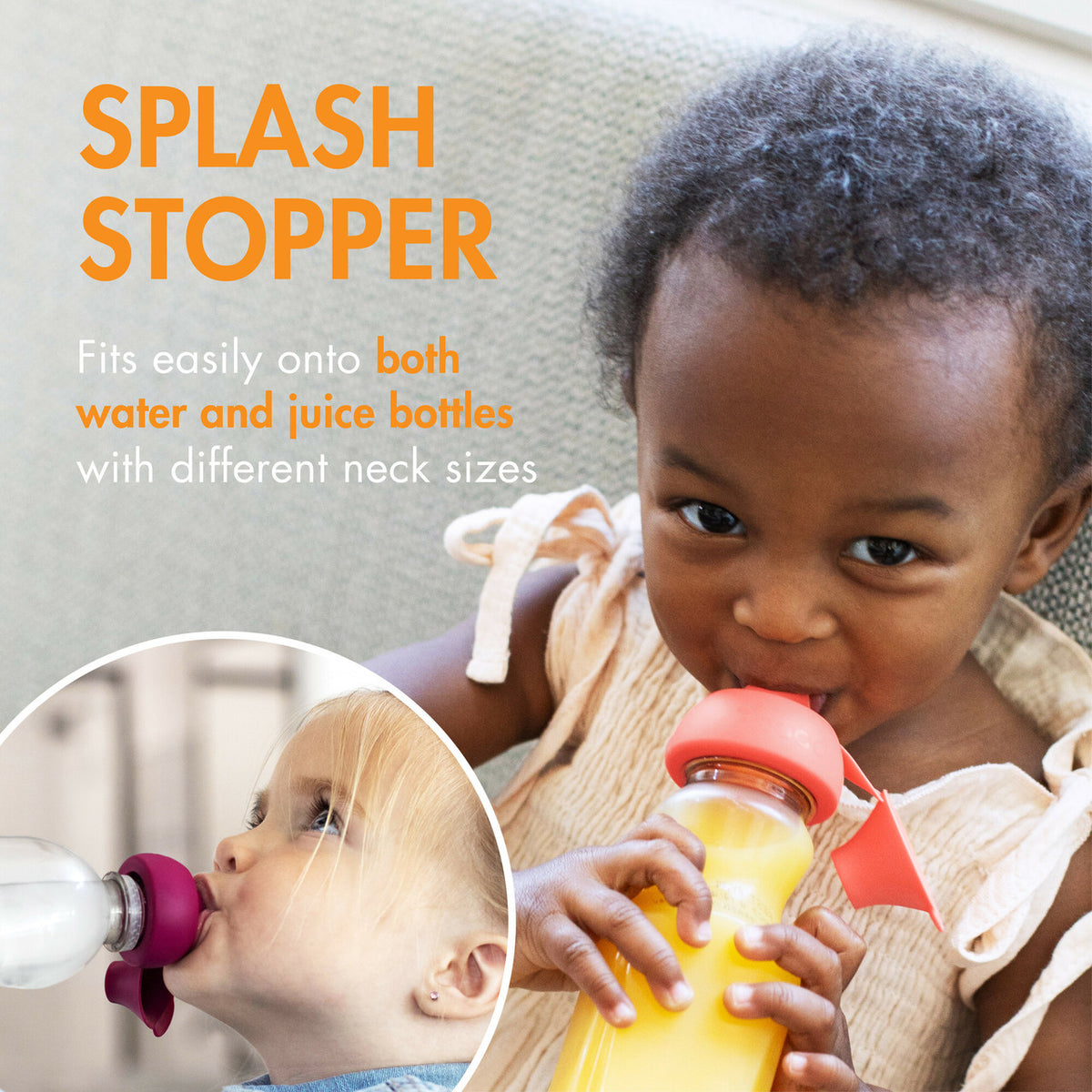 Child holding a bottle with a splash stopper, product description text overlay