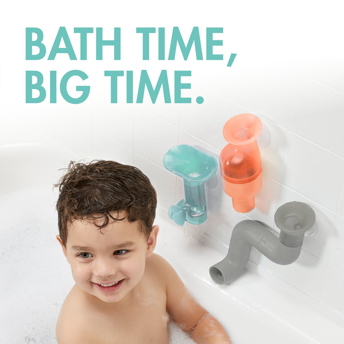 Child in a bathtub with colorful bath toys and text 'Bath Time, Big Time.'