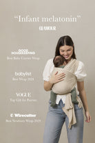 Woman holding a baby in a carrier wrap with accolades listed on a beige background