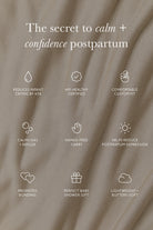 Text on a brown fabric background about the benefits of a product for postpartum care.
