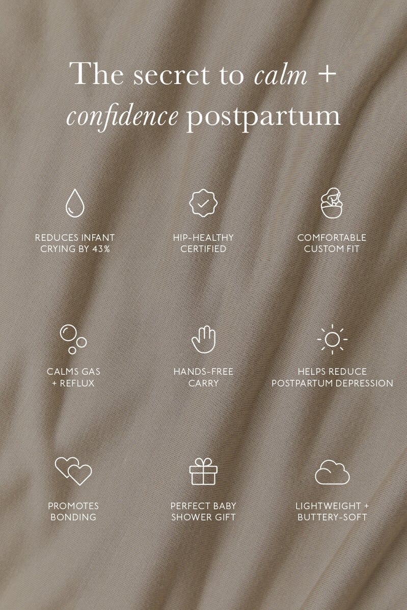 Text on a brown fabric background about the benefits of a product for postpartum care.