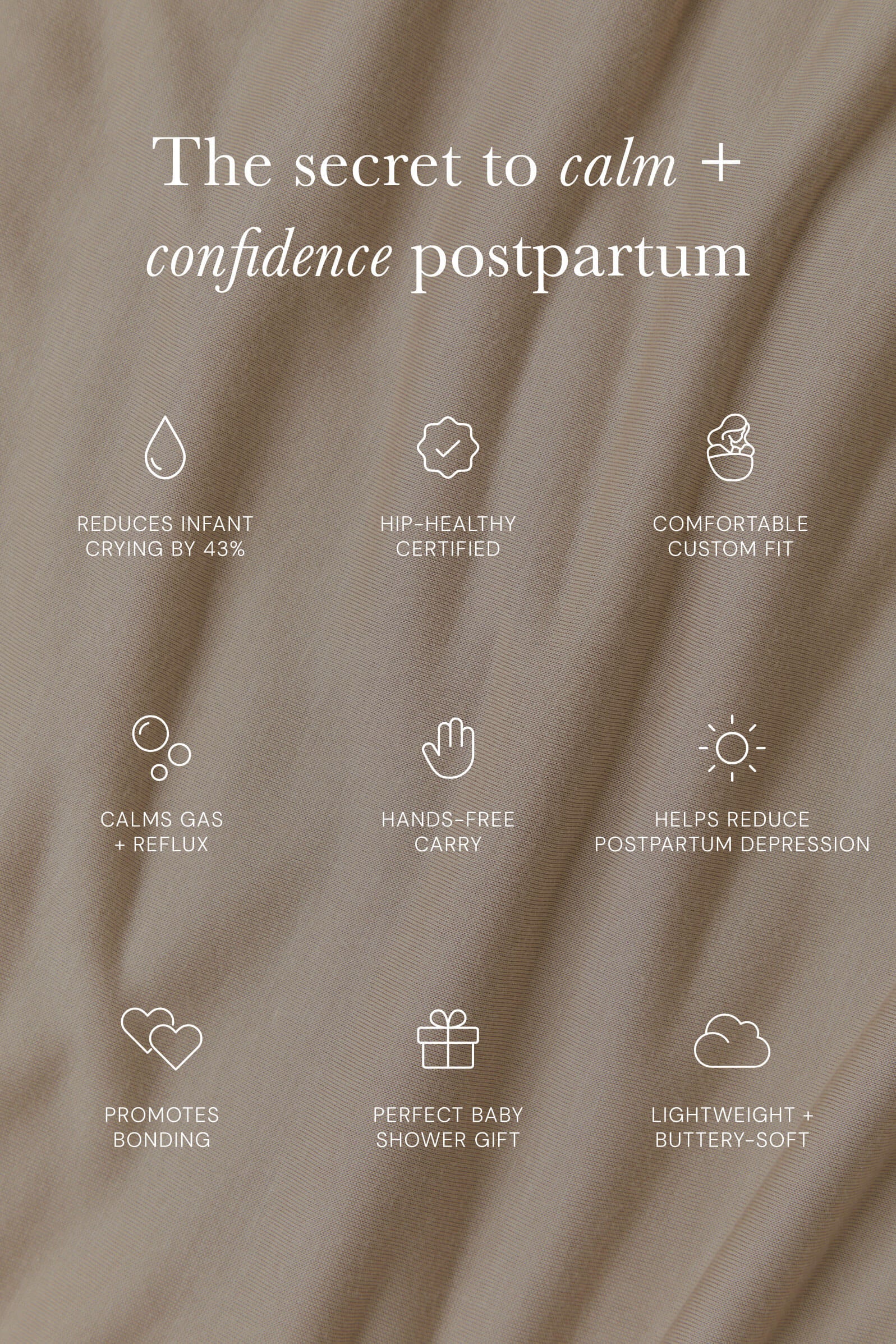 Text on a beige background about the benefits of a product for postpartum care.