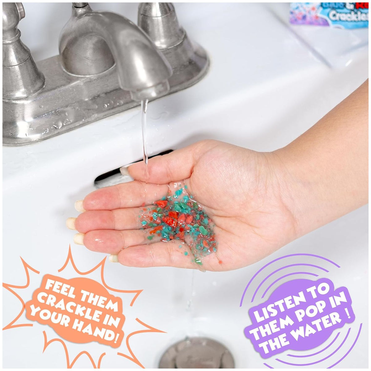 Hand holding colorful beads over a sink with text about them crackling and popping.