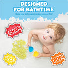 Child playing in a bathtub with colorful bath bombs and text indicating bath-time fun.