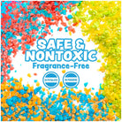 Colorful sprinkles with 'Safe & Nontoxic' and 'Fragrance-Free' text on a white background.