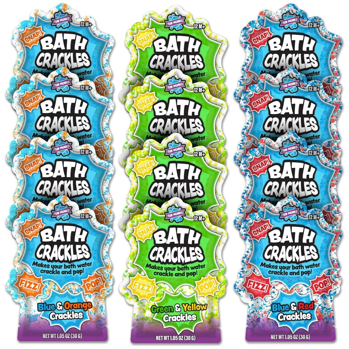 Three packages of Bath Crackles with colorful packaging and text.