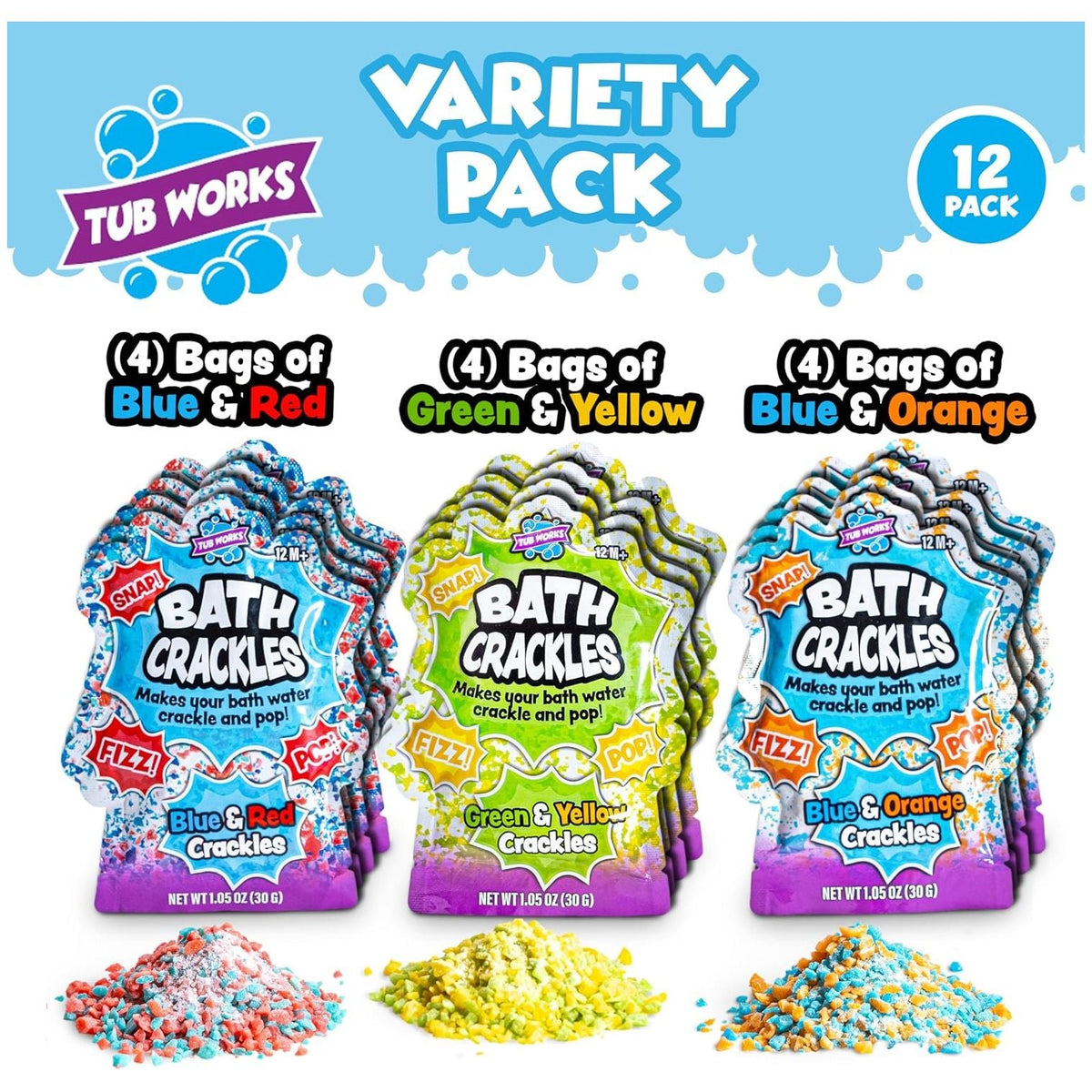 Tub Works Bath Crackle Variety Pack with colorful packaging and sample crackles on a blue background.