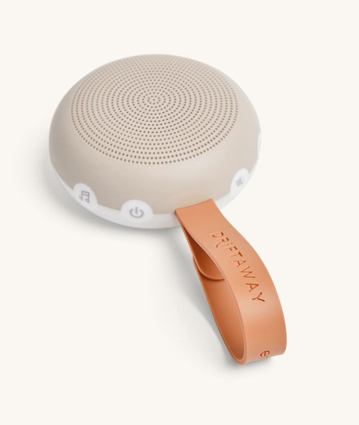 Beige portable speaker with an orange handle on a white background