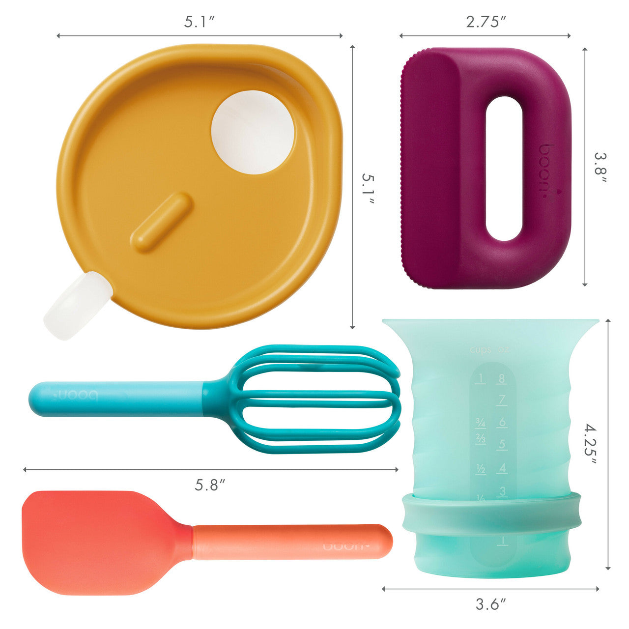 Set of kitchen utensils with measurements on a white background