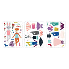 Set of dress-up cards with characters and clothing pieces on a white background