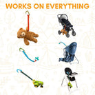 Collage of various baby products with text 'Works on Everything' on a textured beige background.
