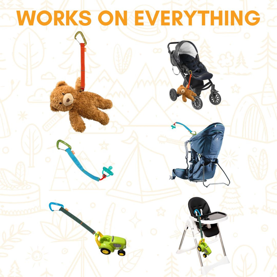 Collage of various baby products with text 'Works on Everything' on a textured beige background.