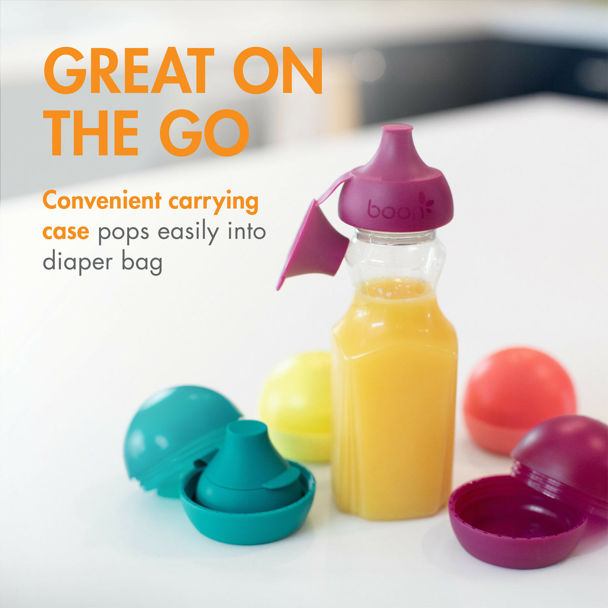 Colorful bottle and containers with text 'GREAT ON THE GO' on a white background
