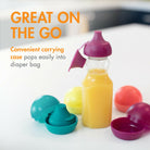 Colorful bottle and containers with text 'GREAT ON THE GO' on a white background