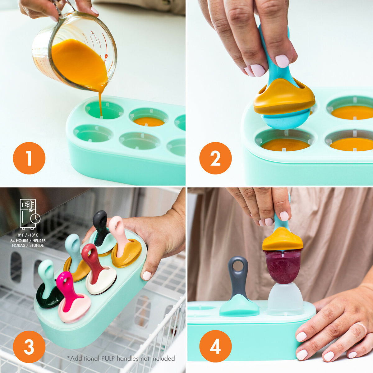 Four-panel collage showing a mint green silicone baby feeding mold set in use. Step 1 shows orange liquid being poured into the mold cavities from a glass measuring cup.