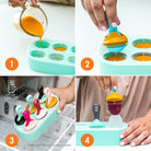 Four-panel collage showing a mint green silicone baby feeding mold set in use. Step 1 shows orange liquid being poured into the mold cavities from a glass measuring cup.