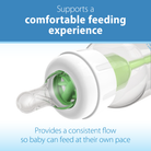 Bottle with green interior and white exterior on a light blue background, text about feeding experience.