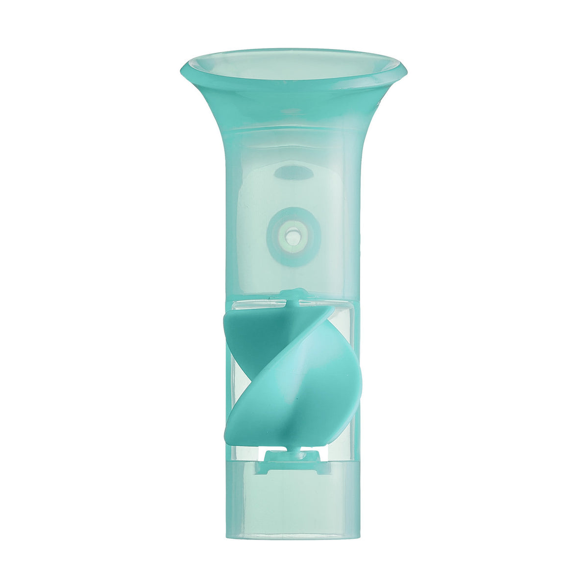 Turquoise plastic device on a white background