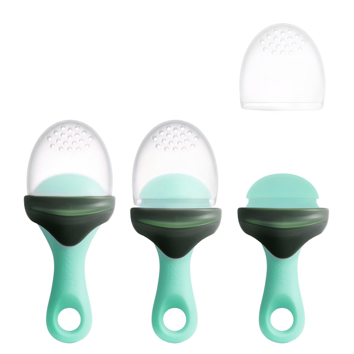 Three green pet food scoops with clear silicone lids on a white background