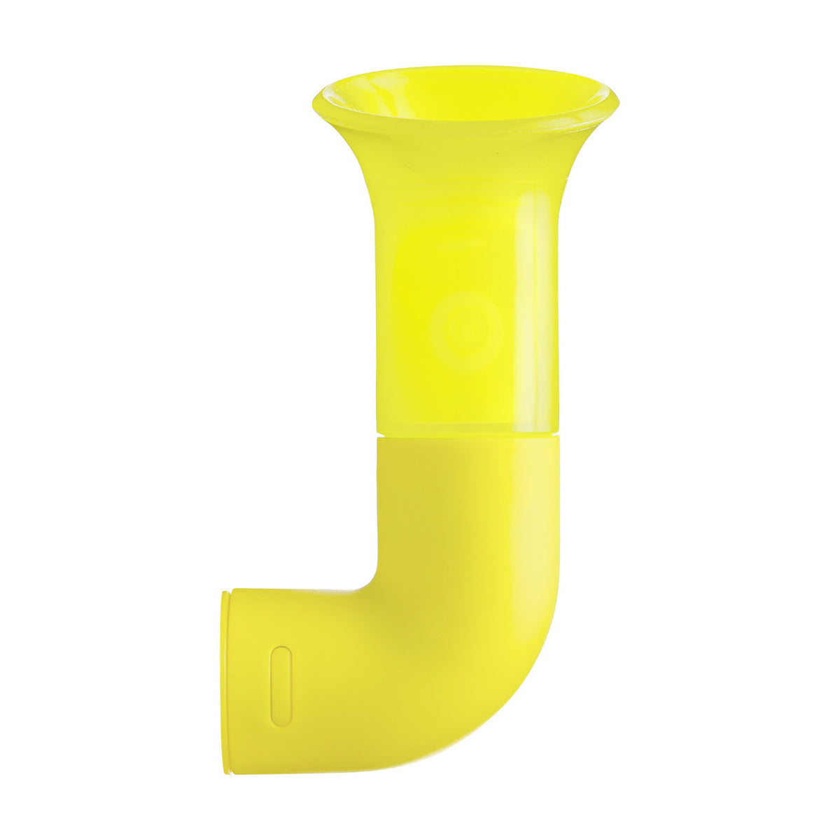 Yellow plastic J-shaped tool on a white background