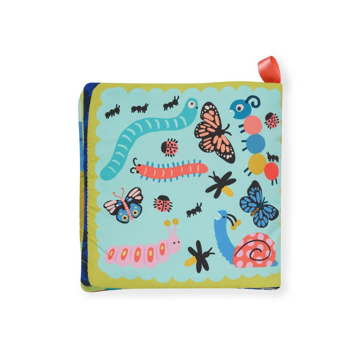 Children's soft book with colorful illustrations of insects on a light blue background