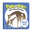 Book cover of 'Poke-A-Dot! Wild Animal Families' with two giraffes on a blue background.