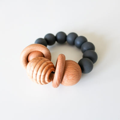 Wood and Silicone Teething Rattle - Charcoal by Chelsea and Marbles Toys Chelsea and Marbles   