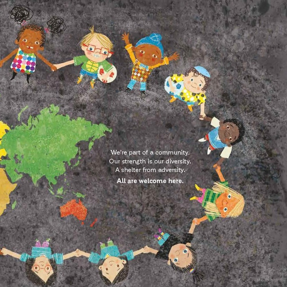 Interior page of 'All Are Welcome' with children from diverse backgrounds on a grey background