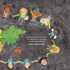 Interior page of 'All Are Welcome' with children from diverse backgrounds on a grey background