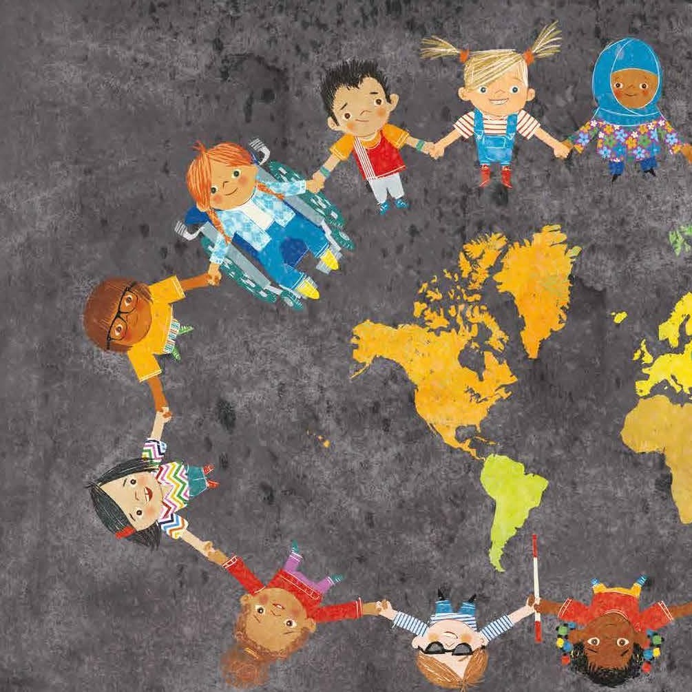 Interior page of 'All Are Welcome' with children from diverse backgrounds on a grey background