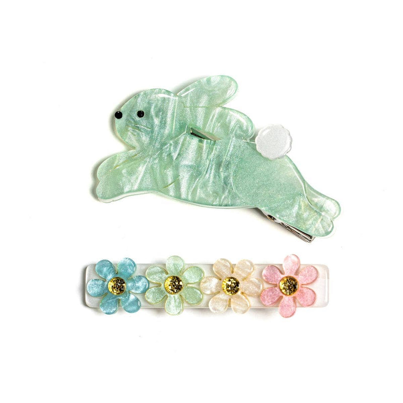 Hop Bunny Alligator Clips Set of 2 - Mint by Lilies & Roses NY
