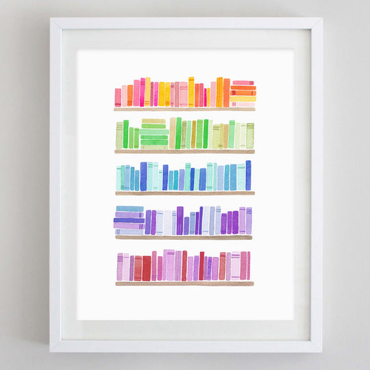 Bookshelf Rainbow Watercolor Print by Carly Rae Studio