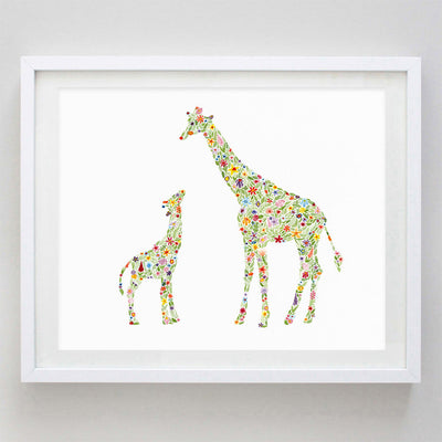Mama and Baby Giraffes Floral Watercolor Print by Carly Rae Studio Decor Carly Rae Studio   