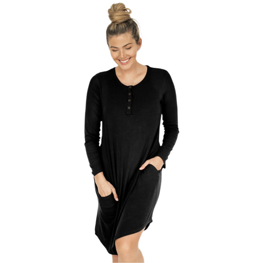 Betsy Ribbed Bamboo Henley Nursing & Maternity Nightgown - Black by Kindred Bravely