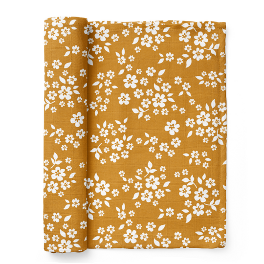 Whimsy Floral Muslin Swaddle - Mustard by Mini Wander