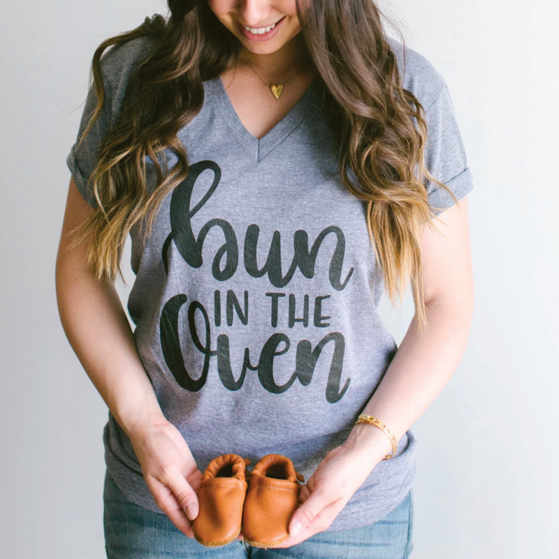 Bun in the Oven T-shirt V Neck - Heather Grey by Gladfolk Apparel Gladfolk   