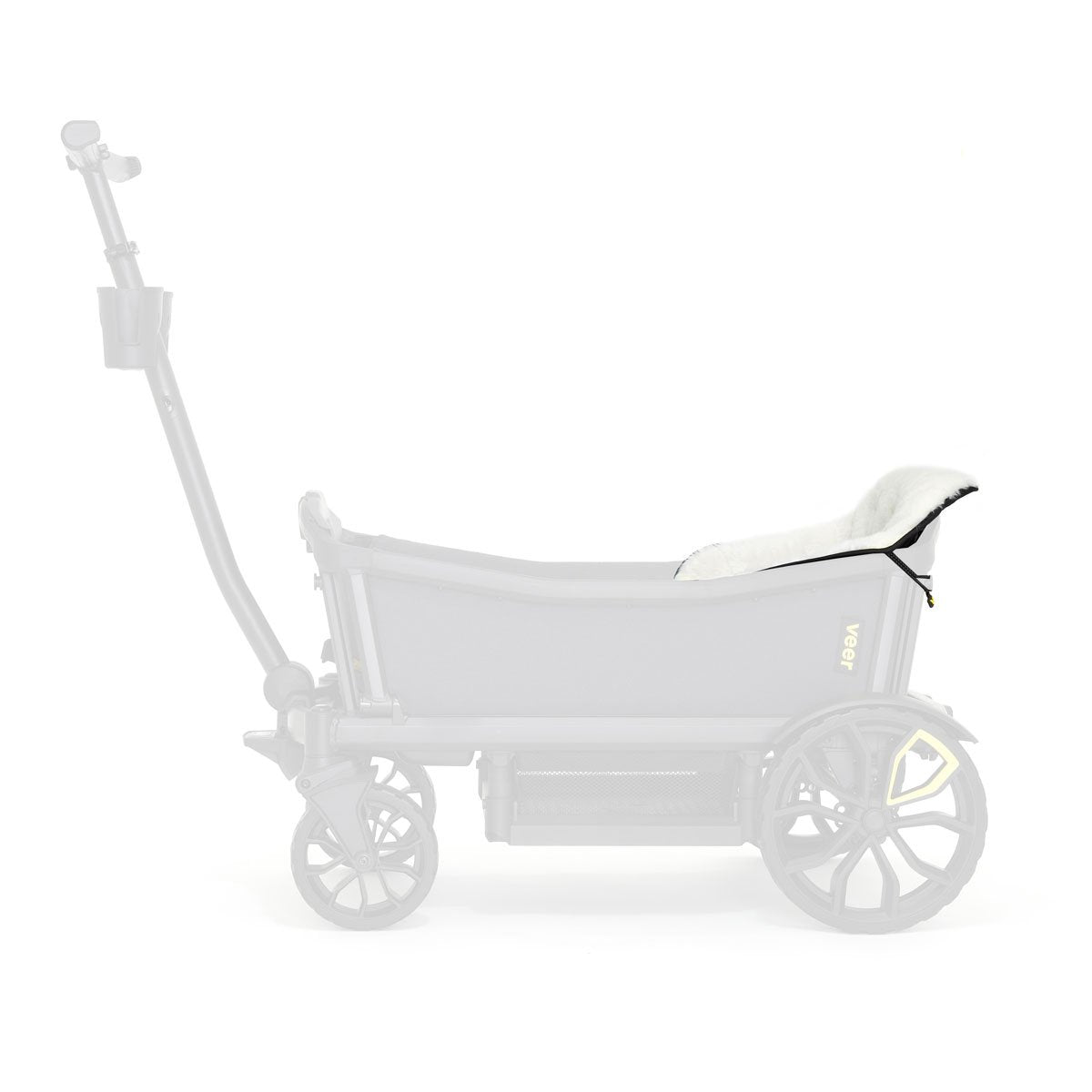 White fur seat cover a white background on a veer stroller seat shown from the side angle   