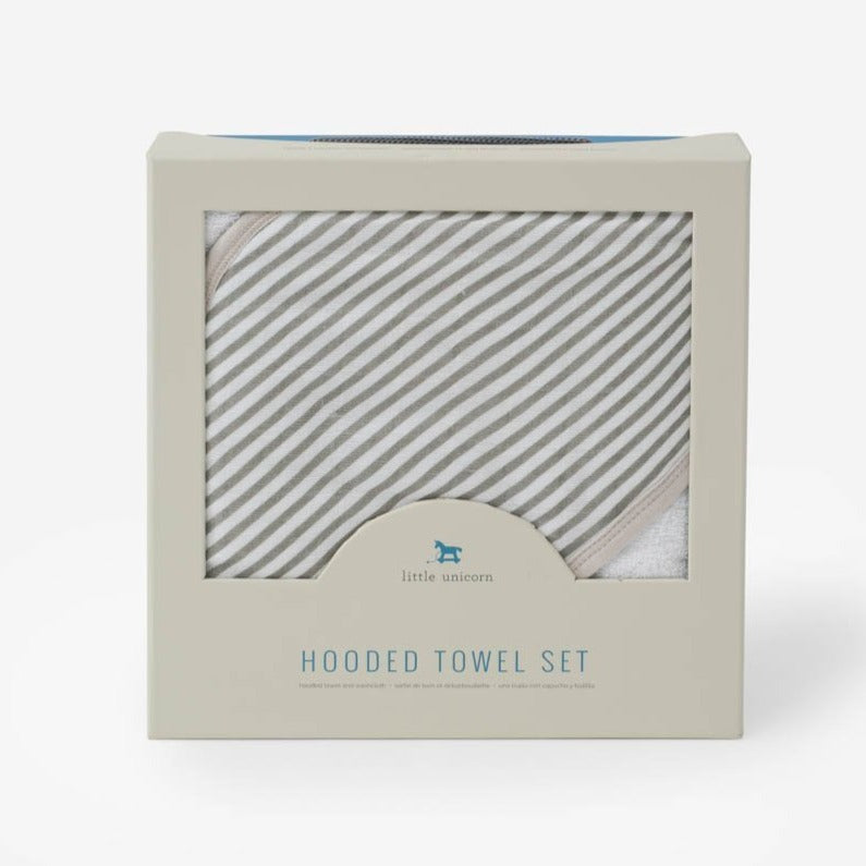 Infant Cotton Hooded Towel + Washcloth Set - Grey Stripe by Little Unicorn Bath + Potty Little Unicorn   
