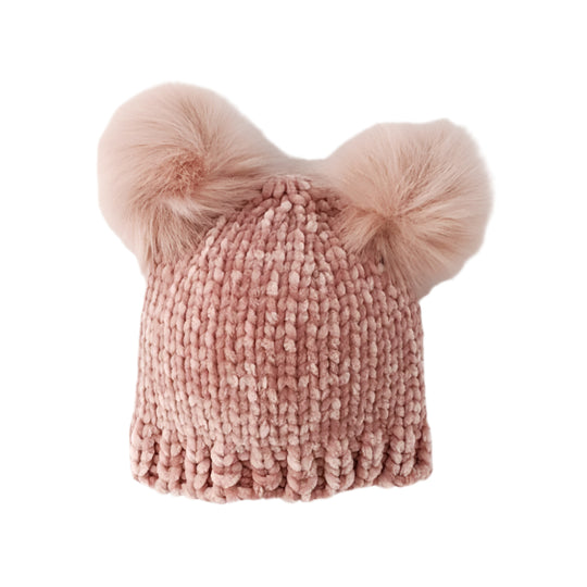 Chenille Double Pom Beanie Hat - Rosy by Huggalugs