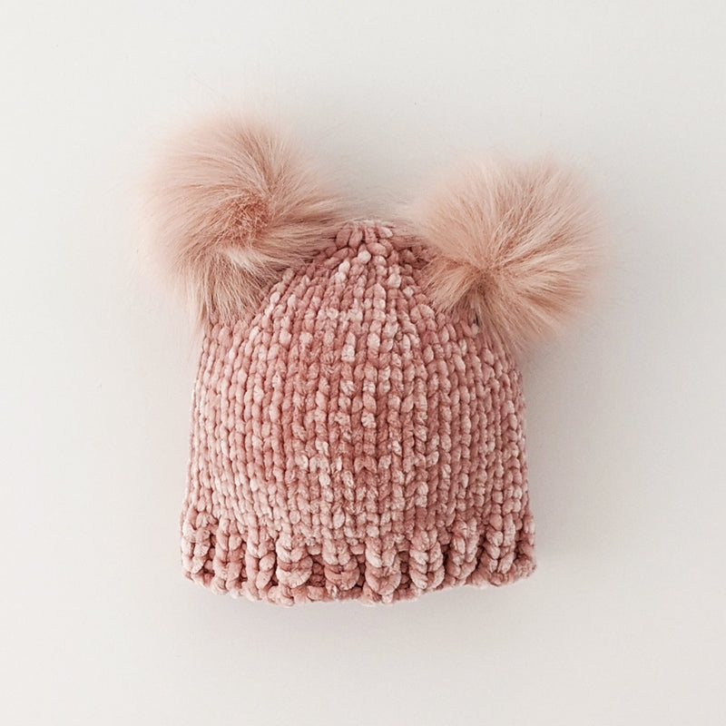 Chenille Double Pom Beanie Hat - Rosy by Huggalugs Accessories Huggalugs   