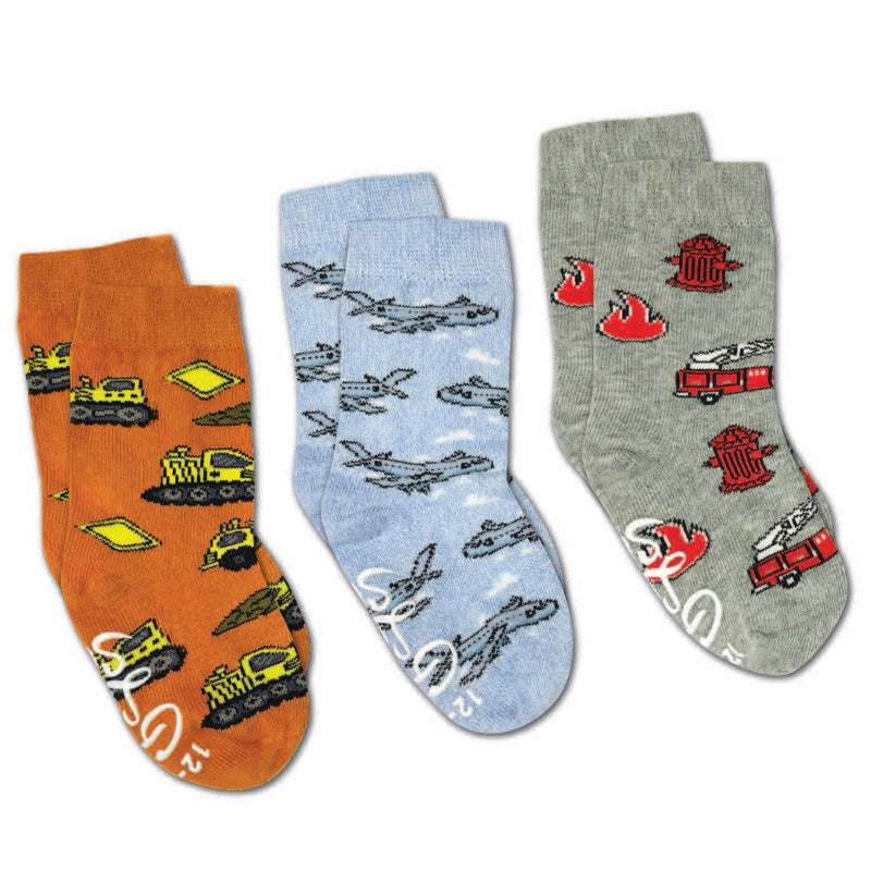 Airplanes, Construction And Firefighter Kids Socks - 3-Pack by Good Luck Sock Accessories Good Luck Sock 0-12M  