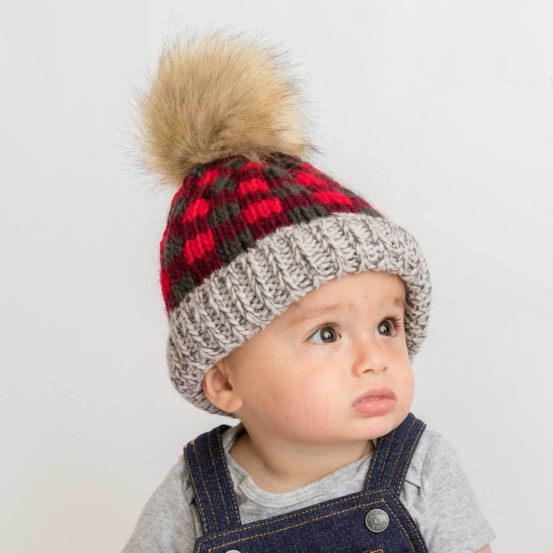 Buffalo Check Knit Hat - Red by Huggalugs Accessories Huggalugs   