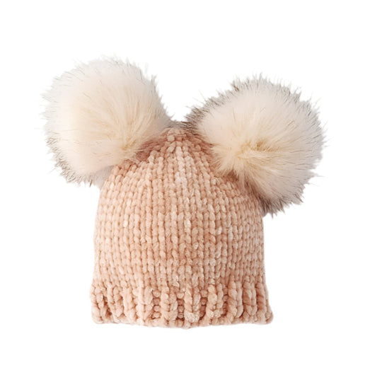 Chenille Double Pom Beanie Hat - Champagne by Huggalugs