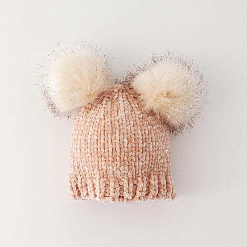 Chenille Double Pom Beanie Hat - Champagne by Huggalugs Accessories Huggalugs   