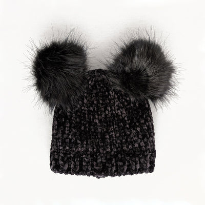 Chenille Double Pom Beanie Hat - Midnight by Huggalugs Accessories Huggalugs   