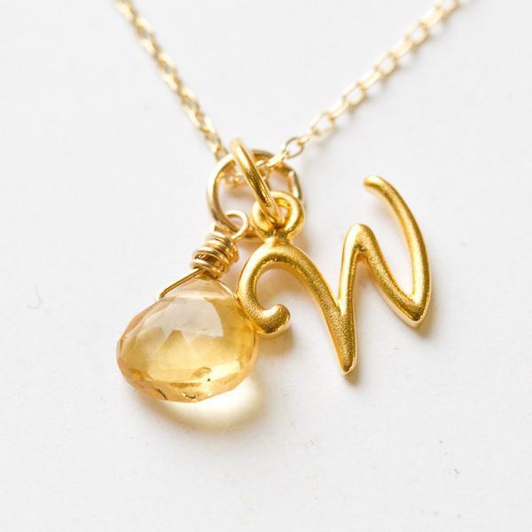 Gold Script Initial Pendant by Wallin + Buerkle Accessories Wallin + Buerkle   - letter W charm with birthstone on white background