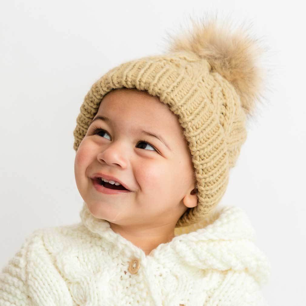 Pop Pom Pom Knit Hat - Birch by Huggalugs Accessories Huggalugs   